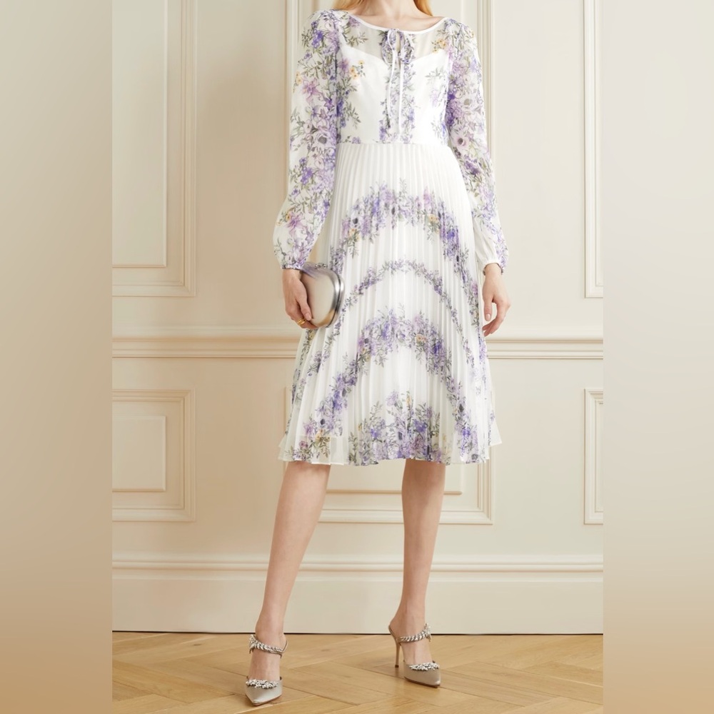 Marchesa Notte pleated floral-print chiffon dress